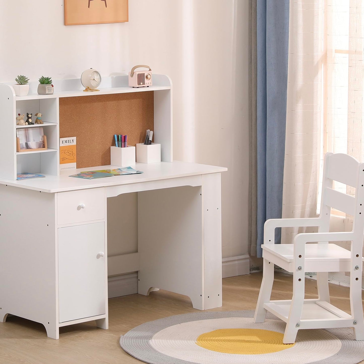 Garvee Kids Desk, Study Desk and Chair Set for Boys and Girl, Wooden Kids Writing Table with Bookshelf, Bulletin Board, Cabinet and Drawer for Ages 3-8, White