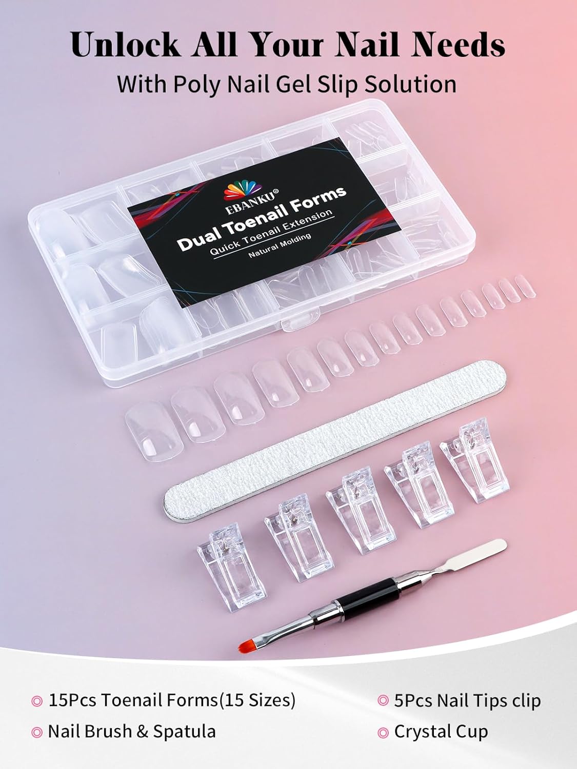TOROKOM Toe Nail Forms, 150 Pieces Clear Square Full Cover Toenail Art Mold, Poly Gel Toe Nail Tips with Dual-Ended Brush and Nail File, 5PCS Clips - 15 Sizes