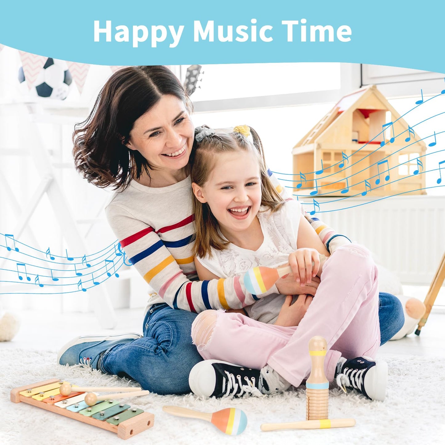 ZJEFUNS Baby Musical Instruments Set Wooden Montessori Toys for Toddlers 1-3 Percussion Instruments Set Modern Boho Music Toys for Kids Preschool Educational.