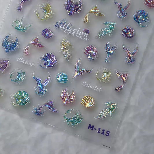 5D Embossed Nail Stickers Summer Nail Art Stickers Sea Waves Nail Decals Self-Adhesive Blue Aurora Fish Tail Designs for DIY Manicure Decoration Hollow Nail Art Supplies for Women