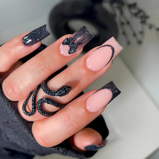 BABALAL Press On Nails, Long Square Fake Nails, Black French Tip, Bow Charm & Glitter Design, Gothic Trendy Glossy Full Cover Glue On Nails For Women And Girl 24Pcs