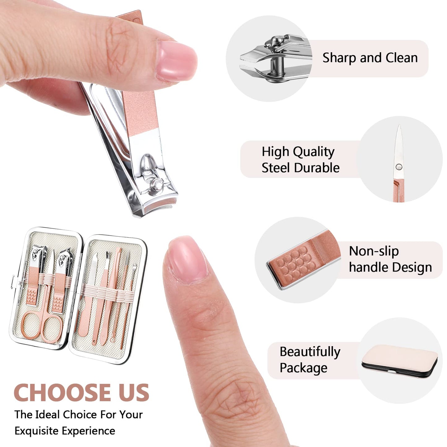 Hanaive 6 Set Manicure Set 48 Pcs Nail Clippers Pedicure Kit Gift for Fathers Day 8 in 1 Stainless Steel Grooming Kit Professional Nail Care Tools with Luxurious Travel Case for Men Women(Rose Gold)
