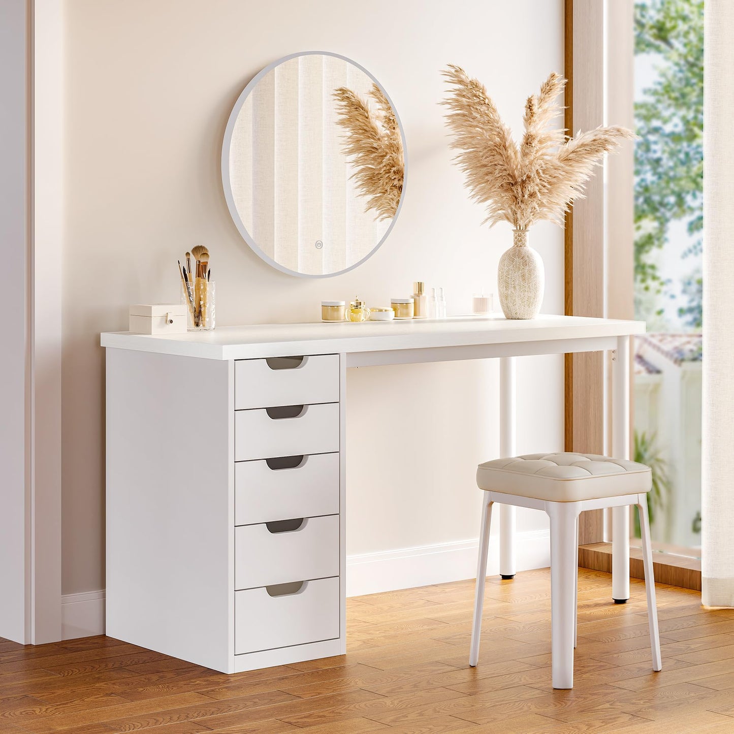 LITTLE TREE Computer Desk with 5 Drawers, 47 Inch White Modern Simple Study Writing Desk with Metal Frame, Work Desk for Home Office