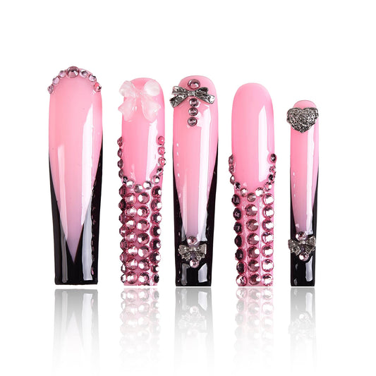 Tmani 10pc/set Extra Long Handmade Press On Nail Hot Girl's Long Ballet Nails Square Nail Full of Diamond Glitter Decoration Fake Nails Suitable For Girls Festival Parties and Birthday Gift (298,L)
