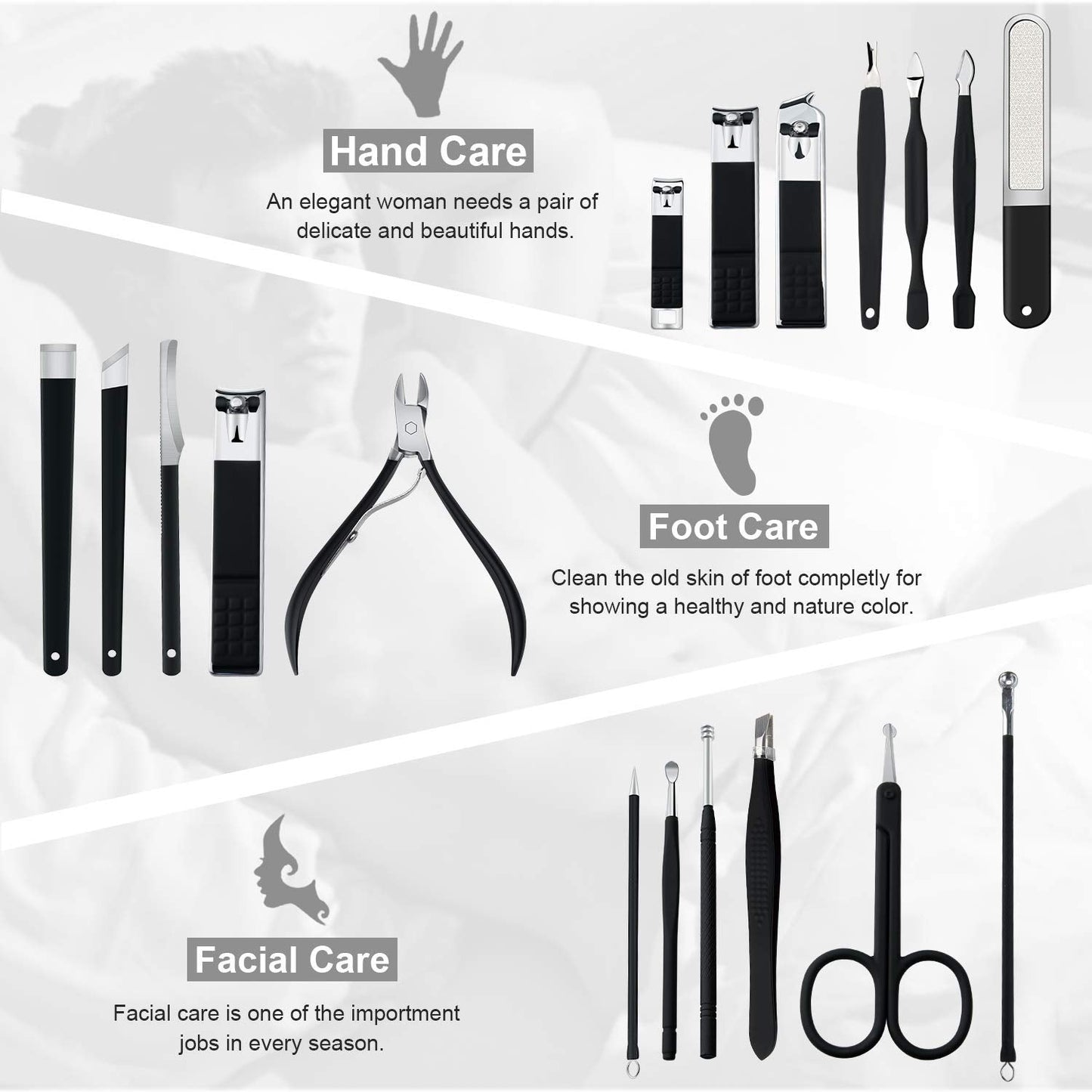 Keiby Citom Professional Stainless Steel Nail Clipper Travel & Grooming Kit Nail Tools Manicure & Pedicure Set of 18pcs with Luxurious Case (Black/White)