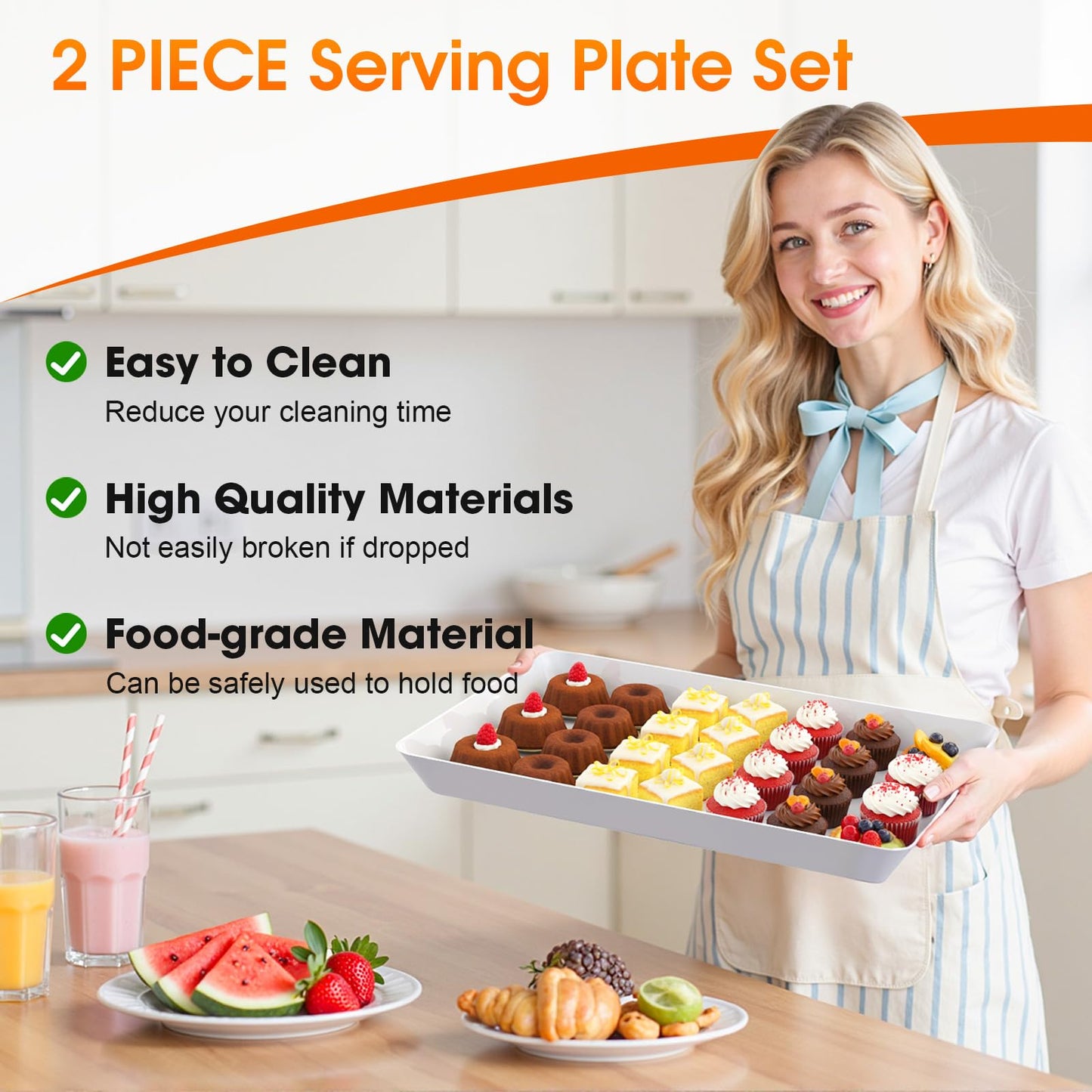 4-Pack Serving Tray, Serving Platter for Parties, Entertaining, Camping & Food Display, Reusable & Stackable Plastic Trays in Kitchen, Rectangular Food Platters for Cookie, Appetizer(White)