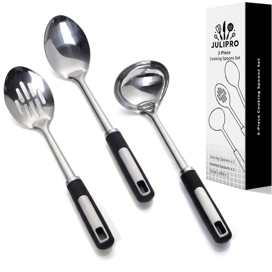 Stainless Steel Cooking Spoons Set – Includes Slotted Spoon, Serving Spoon & Soup Ladle, Heat-Resistant, Dishwasher Safe, Ergonomic Handles for Home & Commercial Use
