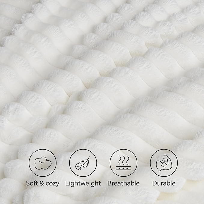 INFIIXSO Sherpa Fleece Queen Size Blanket - Super Soft & Warm Striped Fleece, Cozy Plush Fluffy Large Bed Blanket All Season Use (Off White, 90x90 Inches)