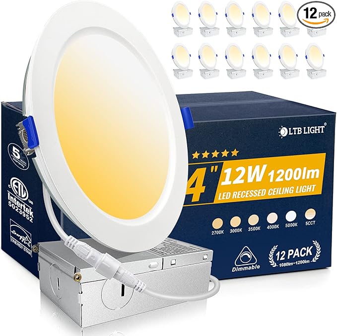 12 Pack Recessed Lighting 4 inch, 3000K Ultra-Thin LED Canless Recessed Lighting, Retrofit Dimmable Recessed Lights, 1200LM 12W=150W Wafer Lights - ETL & Energy Star Certified