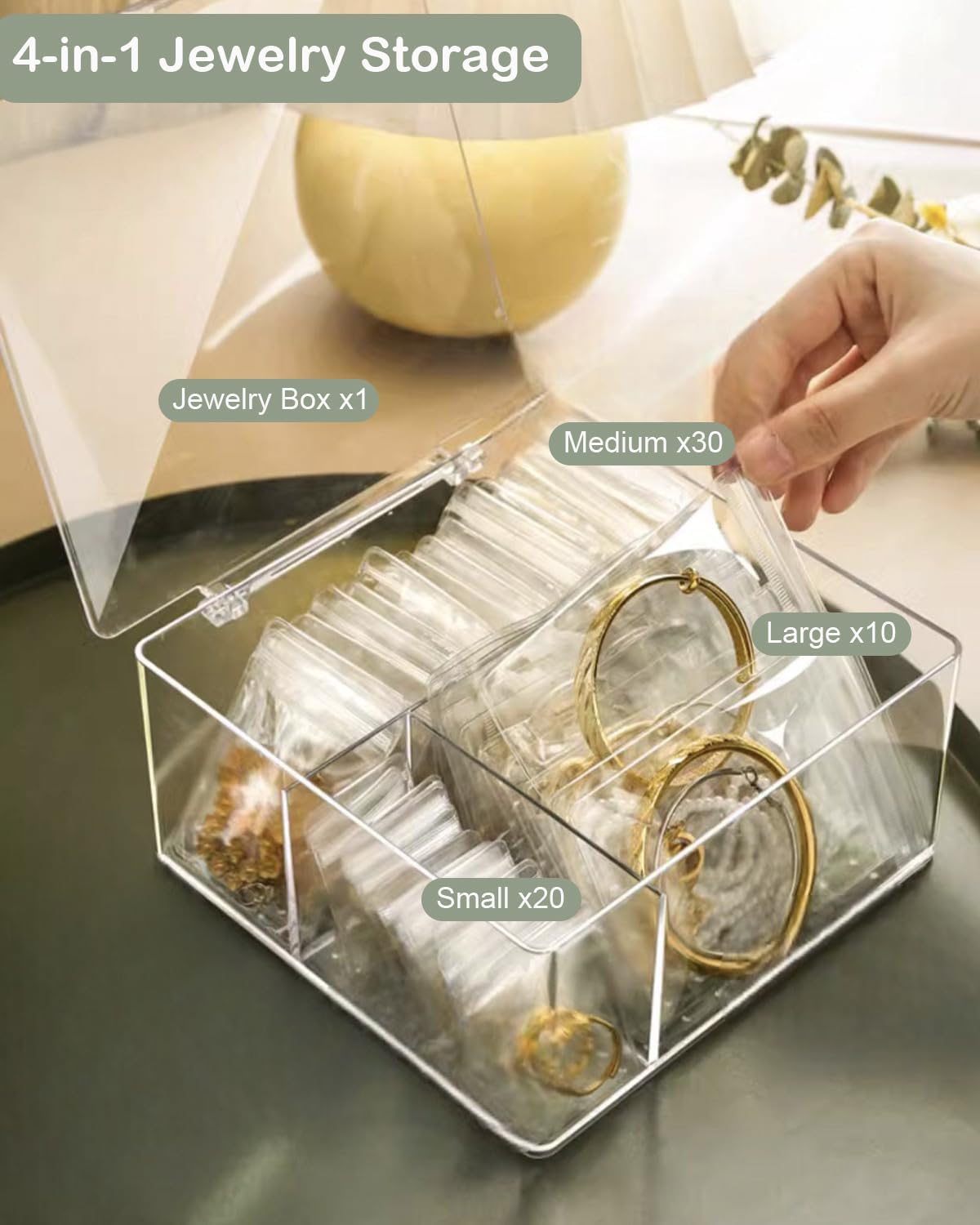 4 In 1 Acrylic Jewelry Organizers and Storage with 60 Portable Anti Tarnish Jewelry Bags, Clear Jewelry Box Organizer, Travel Jewelry Case for Earrings/Rings/Necklaces for Women Girls