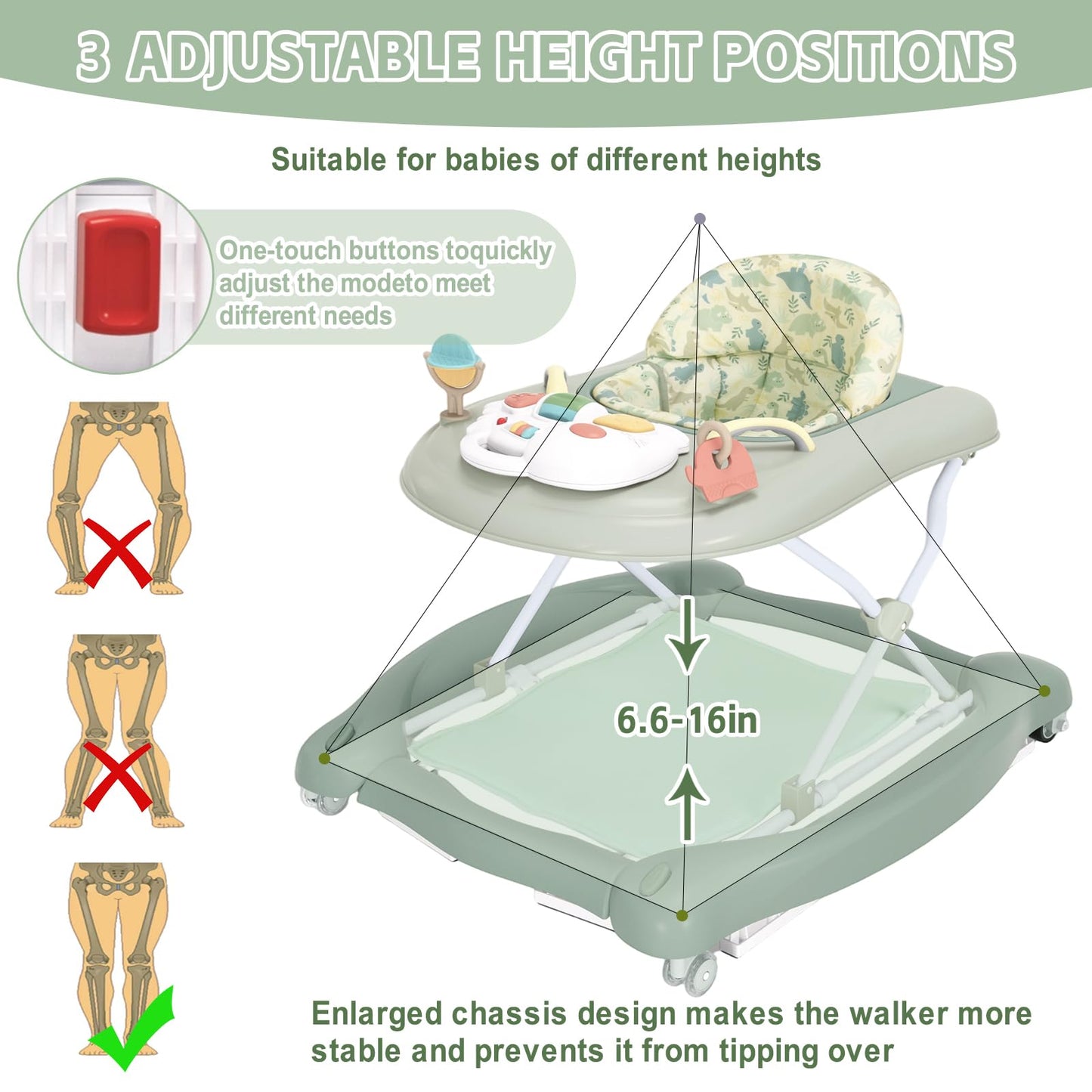 5 in 1 Foldable Baby Walker,Activity Baby Walker-Baby Bouncer,Rocker,Activity Center,Seat and Push Walker,Detachable Footrest Mat,Adjustable Speed Rear Wheels and Height,Ages 6-18 Months (Light Green)