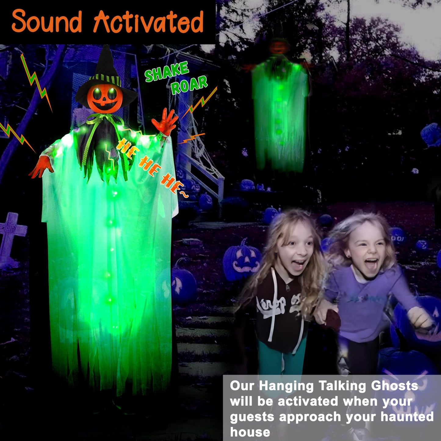 55” Halloween Hanging Animatronics Ghost Pumpkin with LED Lights, Sound & Motion Activated and Shaking Arms - Perfect for Halloween Haunted House Prop Décor, Indoor/Outdoor Display, Lawn, Party
