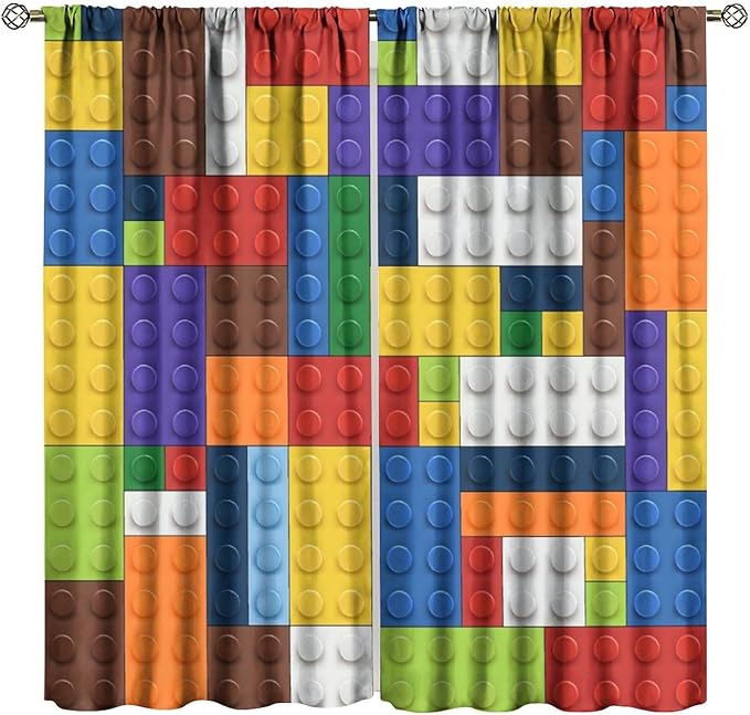 Kids Boy Curtain Blocks Toy Abstract Outline Colorful Geometric Brick Print Curtain for Boys Girls Nursery Room Curtains 42x54 Inch 2 Panels(Decor Curtains