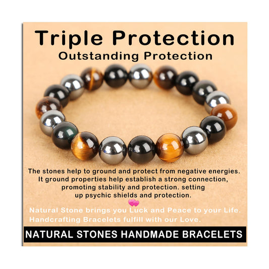 AD Beads Handmade Gemstone Stretch Elastic Bracelet Crystal Healing Reiki Nature's Beauty and Spiritual Essence Unisex (10mm, Triple Protection (Strong Protect))