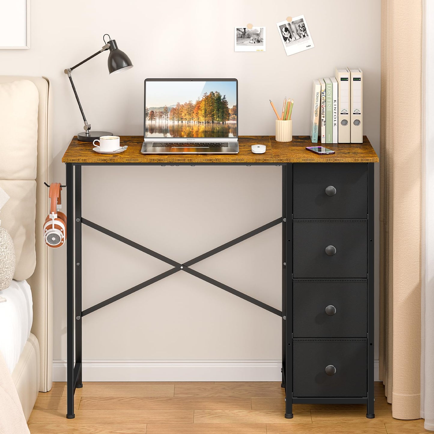 Small Computer Desk with 4 Fabric Drawers, 36 Inch Reversible Writing Desk for Home Office Bedroom, Modern Simple Kids Student Study Desk with Storage, Compact Desk for Small Spaces, Rustic Brown