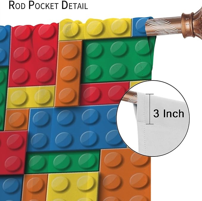 Building Block Toy Curtain Rod Pocket Children's Nursery Abstract Outline Colorful Toy Cartoon Theme Brick Geometric Print Curtain, Blackout Curtain for Boys and Girls Room 63x72in