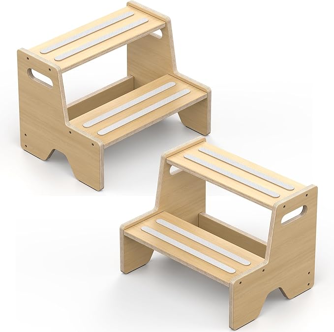 Step Stool for Toddler, Sturdy Wooden 2-Step Stool with Anti-Slip Surface and Pads for Barthroom, Kitchen, Bedroom, Toilet, and Potty Training - 2 Pack