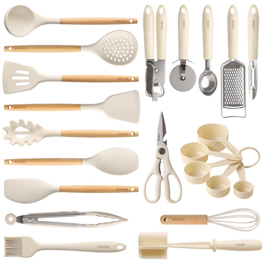 CAROTE 22pcs Silicone Cooking Utensils Set, 446°F Heat Resistant Kitchen Utensils Gadgets Set, Spatula, Turner, Whisk, Tongs