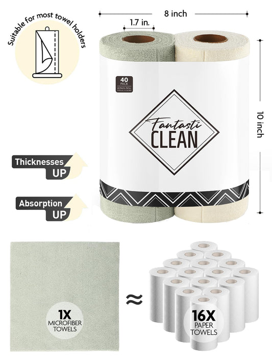 Fantasticlean Tear Away Dish Cloth - 40 Sheets - 10'' by 10'', Reusable Washable Kitchen Towel Rolls, Super Absorbent and Thick Microfiber Cleaning Cloths (2 Rolls of Beige and MossGreen)