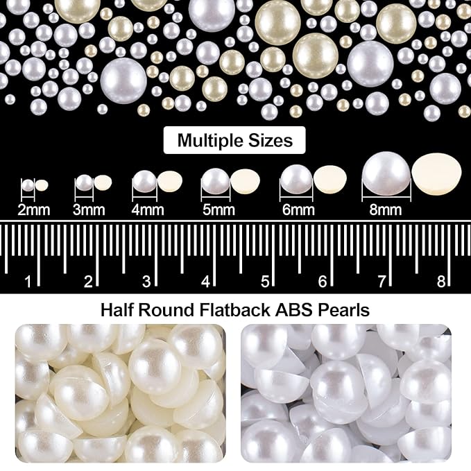 4000PCS Flatback Rhinestones and Half Round Pearls Kit #24, Multi Size Glass Clear Crystals, Plastic Flat Back White & Beige Dome Bead with Pickup Pencil and Tweezer for Nail Art
