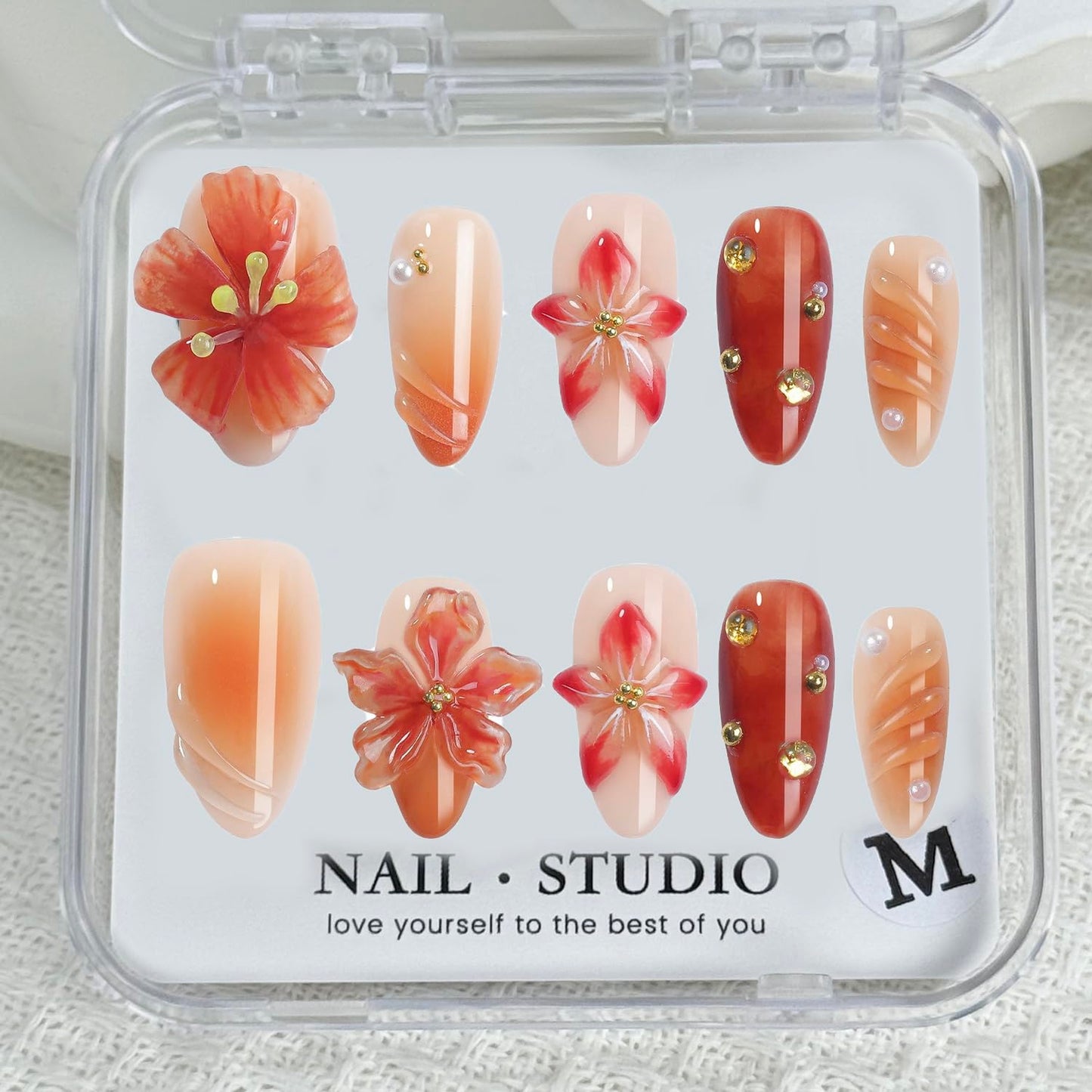 Handmade Press on Nails Medium Almond Glitter Fake Nails 3D Luxury Flower and Rhinestones Embossed Designs Handmade for Girls Manicure Art Decoration Accessories (Size S)