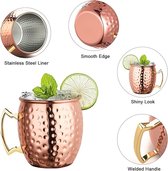 LIVEHITOP Moscow Mule Mugs Set of 4, Handcrafted Copper Cocktail Cups Kit 19.5 oz with Coasters for Cold Drink, Wine, Bar, Party, Hotel, Gift