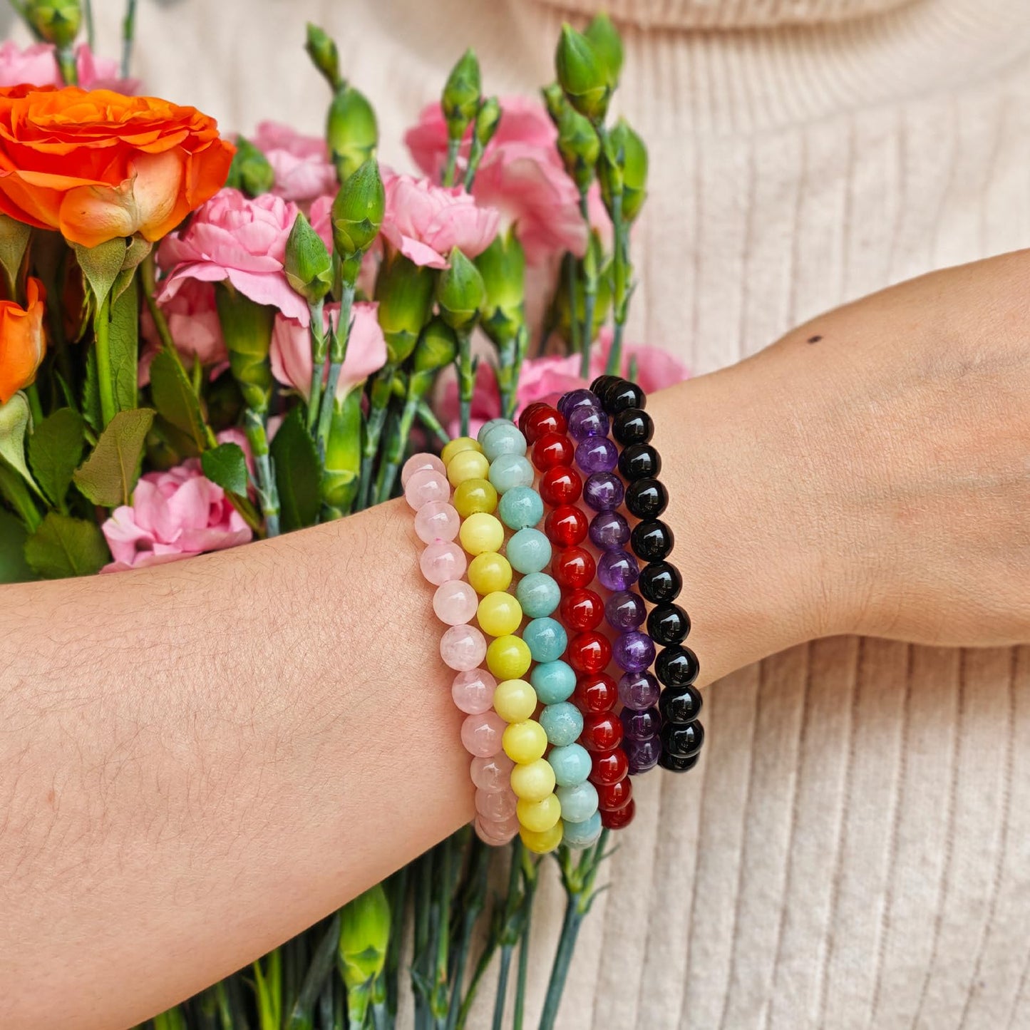 Handmade Natural Gemstone Elastic Bracelet - Healing Crystal Beads Jewelry, Unisex (Wealth Prosperity, 8mm)