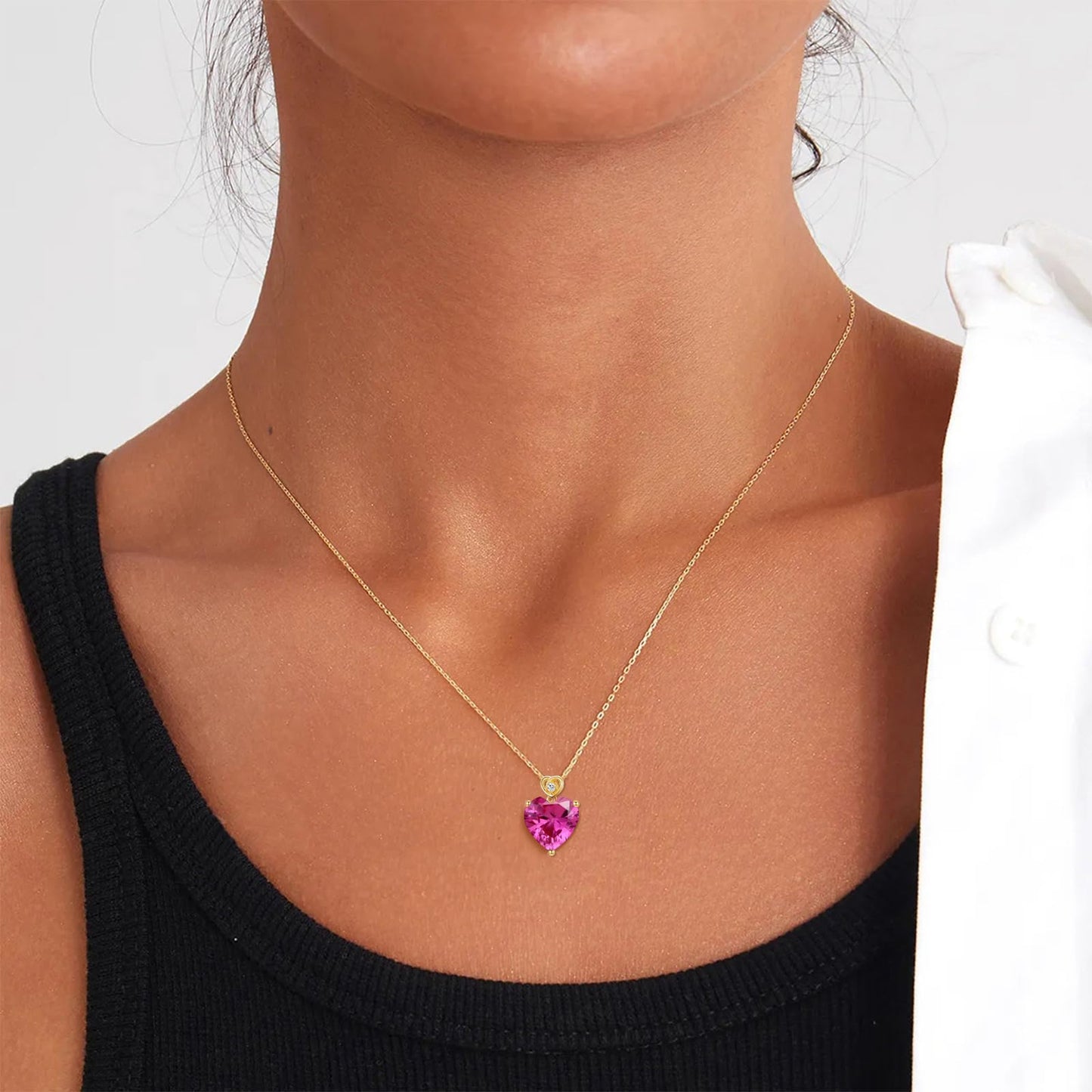 NFYBD 14k Gold Love Heart Tourmaline Birthstone Pendant Necklace for Women 3 Carat Heart-cut Created Gemstone Anniversary Birthday Mother's Day Necklaces for Her 16+1+1 inch-Oct