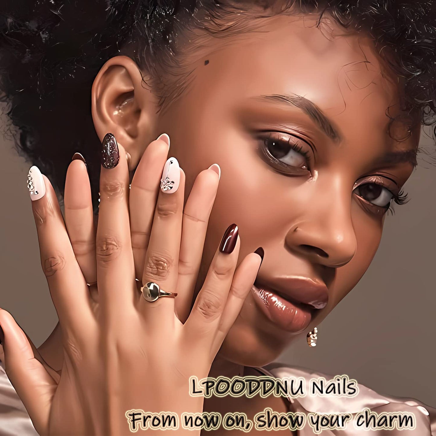LPOODDNU Press on Nails Almond Medium - Blue French Tip Fake Nails with Heart&Diamond Designs, Glossy Finished Reusable False Nails with Double Adhesive Glue Tabs - 24Pcs Nail Kit for Women Manicure