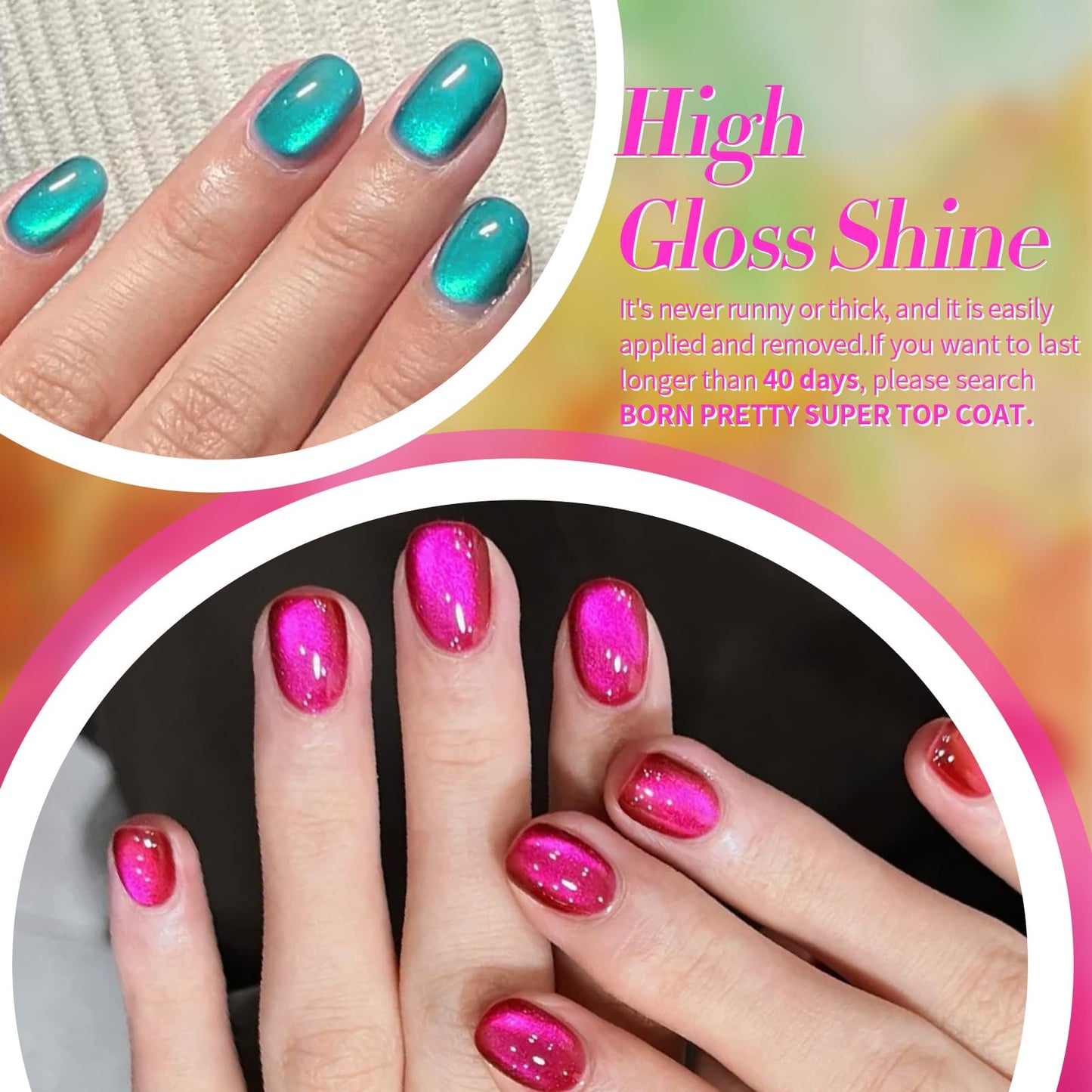 Born Pretty Cat Magnetic Eye Gel Nail Polish Neon Glazed Glass Crystal Magnetic Gel Spring Summer Yellow Green Pink Blue Purple Translucent Gel Polish Set Manicure Nail Art DIY at Home
