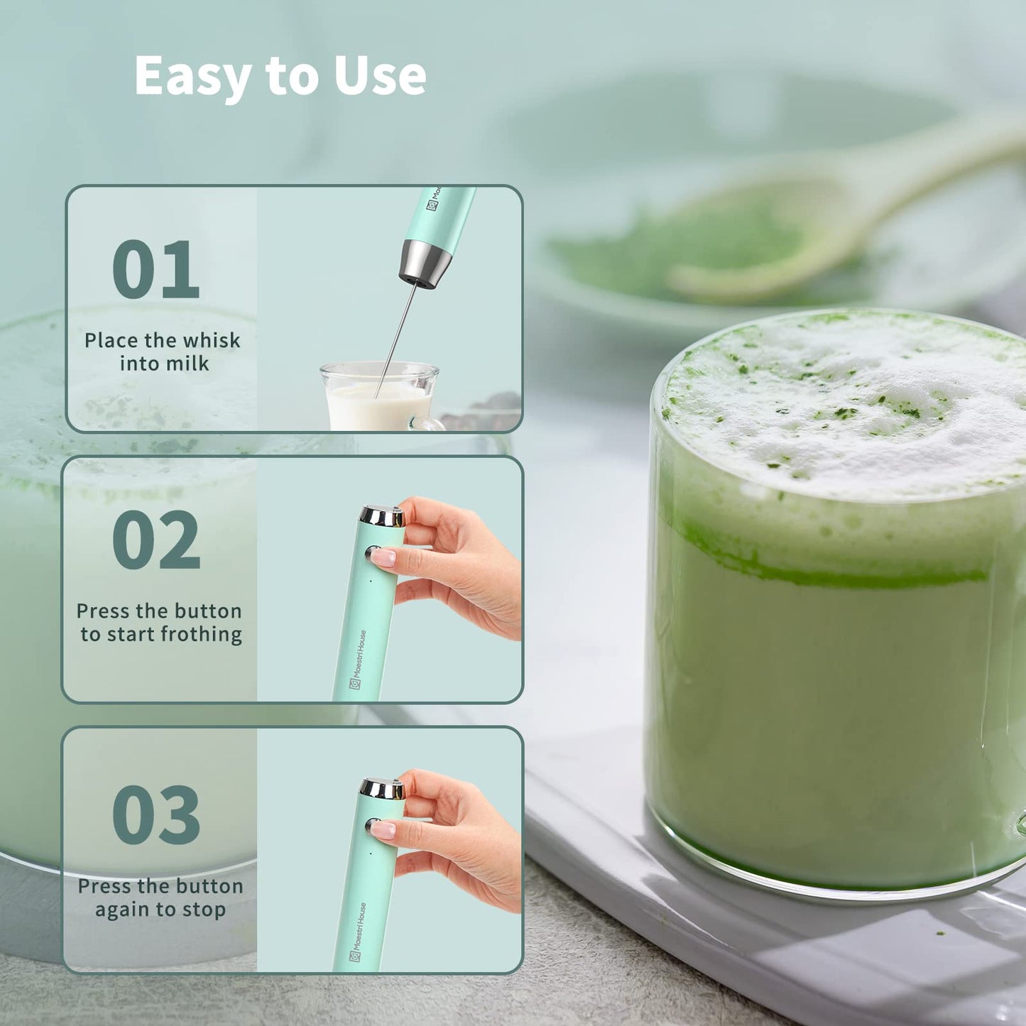 Maestri House Rechargeable Milk Frother, LunaFro NS Handheld Electric Foam Maker Waterproof Detachable Stainless Steel Whisk Drink Mixer Foamer for Lattes, Cappuccino, No Stand