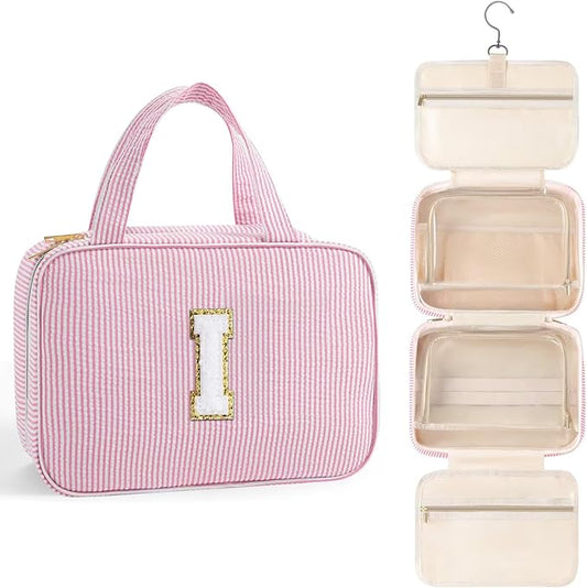 TOPEAST Travel Toiletry Bag for Women - Hanging Toiletry Bag Initial Makeup Bag, Portable Toiletries Cosmetic Bag, Airplane Travel Essentials - Letter I, Pink