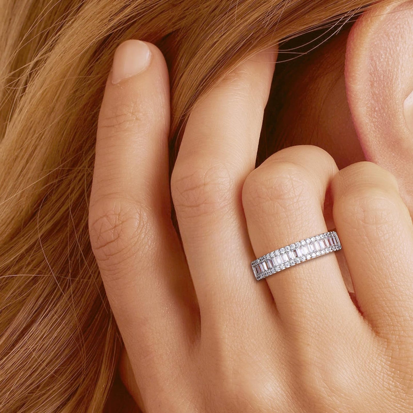 RANDES Cubic Zirconia Band Rings for Women Men Fake Diamond Emerald Cut Wedding Band Channel Set Eternity Ring Size 7.5