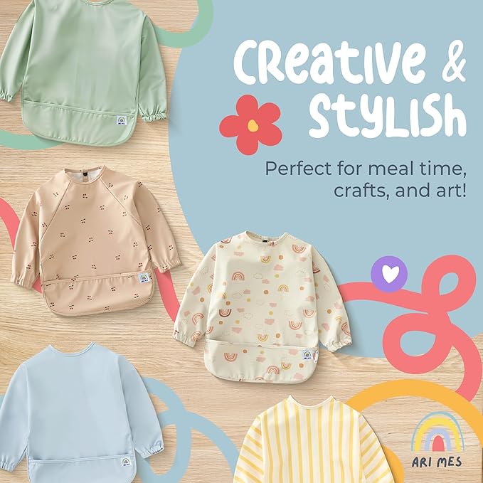 ARI MES Long Sleeves Waterproof Baby Bibs for Eating - Blue, Small - Wearable, Coverall for Toddler, Long Sleeve Bib, Smock for Toddler, Apron for Feeding - Applicable for 6-72 Months