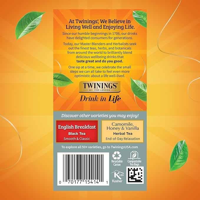 Twinings Prince of Wales Black Tea Individually Wrapped Bags, 20 Count (Pack of 1), Velvety Smooth & Mild, Caffeinated, Enjoy Hot or Iced, 20 Teabags
