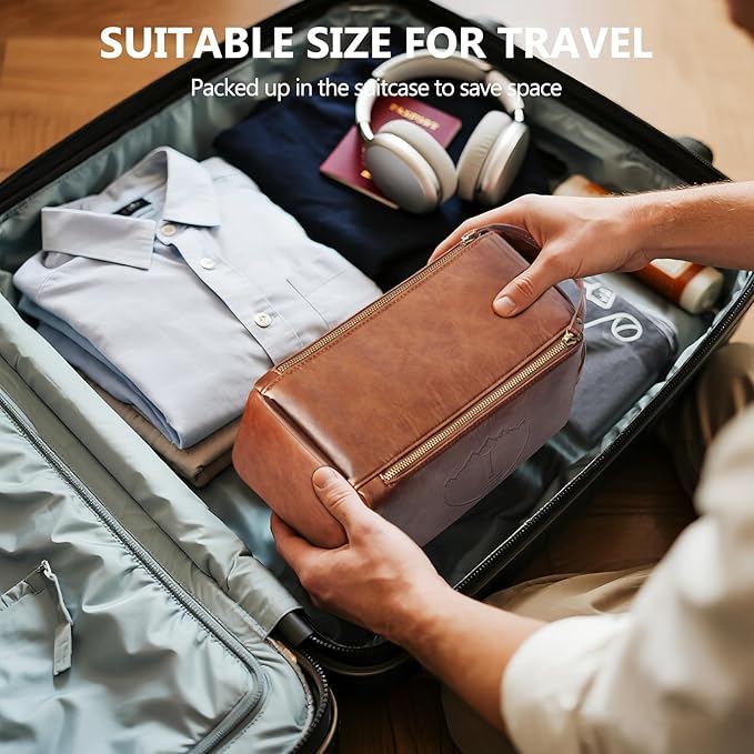 Personalized Toiletry Bag for Men,Initial Mens Toiletry Bags for Traveling,Men Travel Toiletries Bag,PU Leather Shaving Bag for Toiletries Accessories kit,Brown I