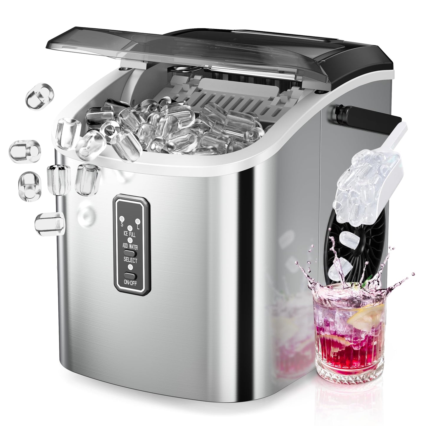 EUHOMY Ice Maker Countertop, 9 Cubes Ready in 6 Mins, 26lbs/24H, Self-Cleaning, Portable Ice Maker Machine with Carry Handle, Basket and Scoop, 2 Sizes of Bullet Ice for Home, Kitchen, Office