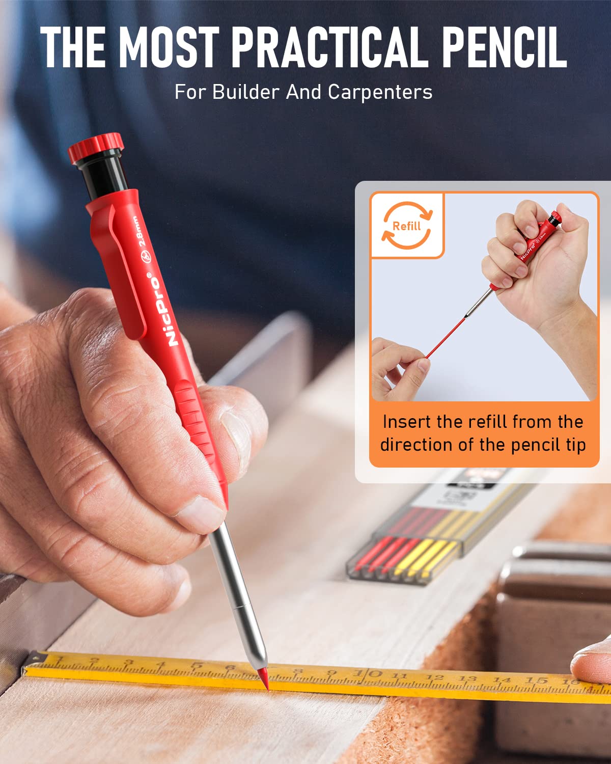 Nicpro Carpenter Pencil with Sharpener, Mechanical Pencils Set with 26 Refills, Deep Hole Marker for Construction, Heavy Duty Woodworking Tools for Architect (Black, Red) - With Case