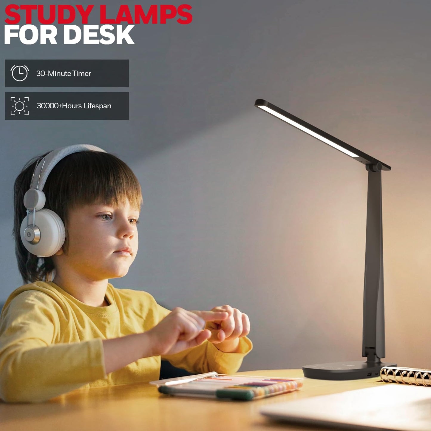 Honeywell LED Desk Lamp for Home Office, Eye-Caring Light with 4 Color Modes & Touch Control, USB A+C Charging Ports, Adjustable Rotating Head with Timer for Reading, Bedroom & Small Desks