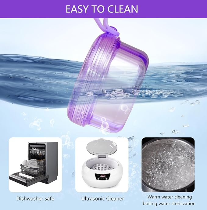Leak Proof Purple Denture Cups for Soaking Dentures, Partial Denture Bath Case Travel Retainer Cleaning Container Case with Brush for Aligner, Denture, Mouth Guard