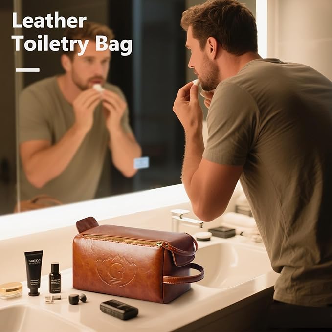 Personalized Toiletry Bag for Men,Initial Mens Toiletry Bags for Traveling,Men Travel Toiletries Bag,PU Leather Shaving Bag for Toiletries Accessories kit,Brown G