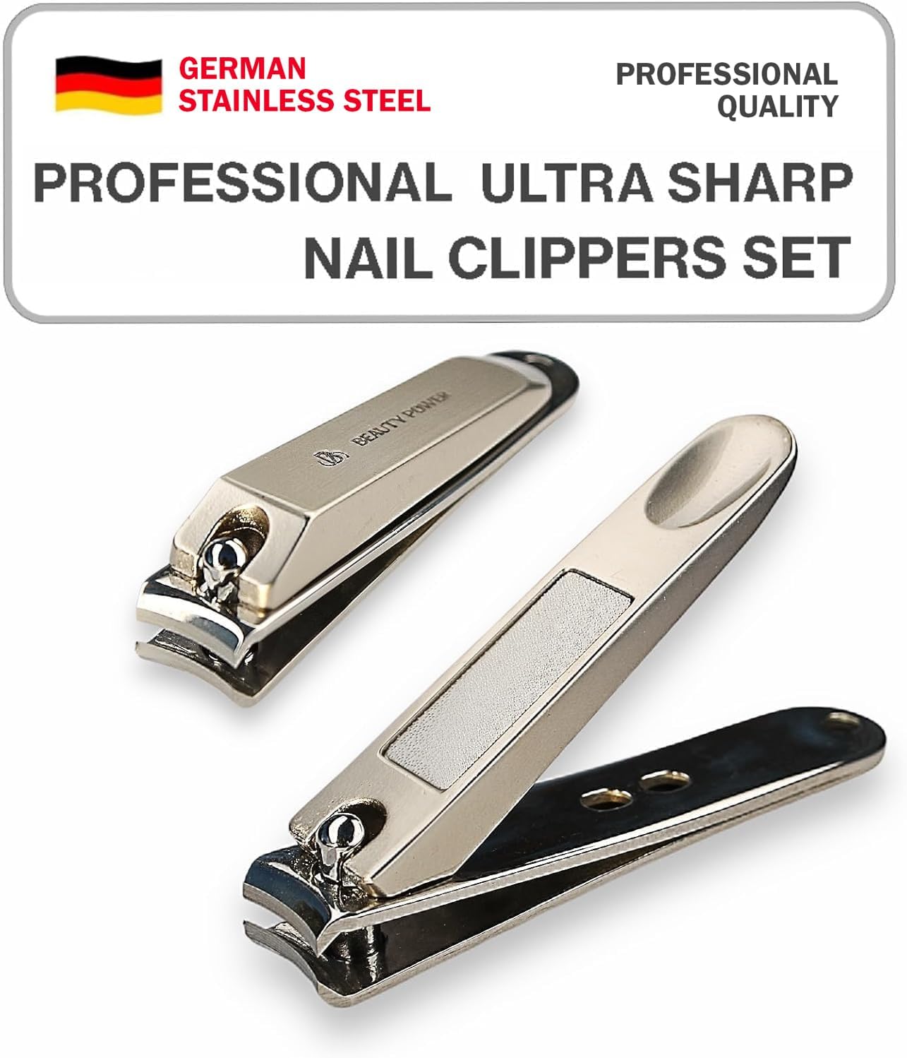 Beauty Power Nail Clippers Set 3 in 1 - Stainless Steel Toe Nail Clippers, Fingernail Clipper, Glass Nail File, Anti Splash, Ergonomic Grip in Brown PU Leather Travel Case for Men & Women - Gift Idea