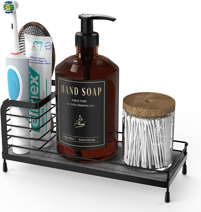 Luxspire Toothbrush Holders, Bathroom Organizer Countertop with Stone Drying Mat & Non-Slip Pads, Stainless Steel Electric Toothbrush Holder for Bathroom Countertop & Kitchen Sink, Black