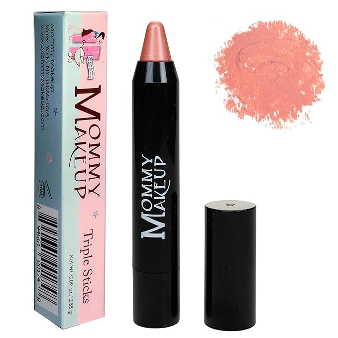 Mommy Makeup Triple Sticks Lipstick, Cream Blush & Teatment All-In-One with Shea & Cocoa Butter - Soft & Creamy Moisturizing Lip Crayon For Lips & Cheeks (Riley Love)