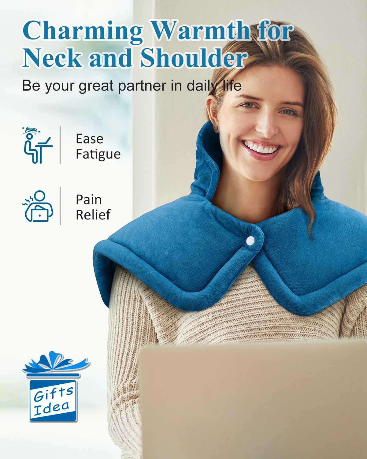 Heating Pad for Neck and Shoulder, Birthday Gifts for Men Dad Husband, Electric Weighted Heat Pad for Back Pain Relief, Anniversary Christmas Gifts for Women Mom, Blue