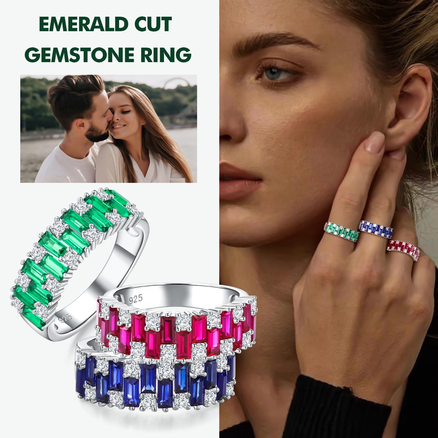 RANDES Emerald Baguette Band Rings for Women 7mm Wide Band Emerald Ring 925 Sterling Silver Green Ring Half Eternity Wedding Band Size 10