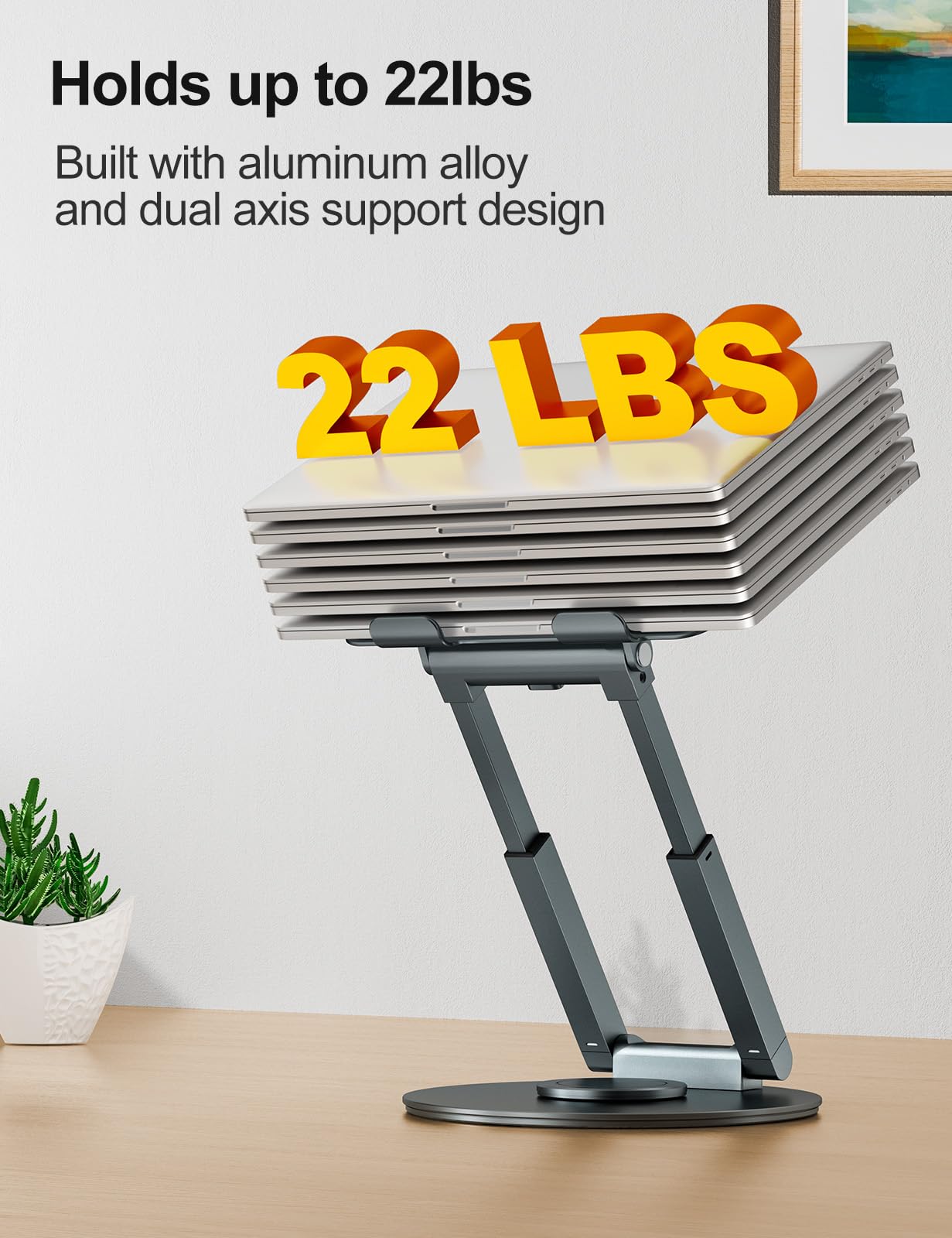 tounee Telescopic Laptop Stand for Desk with 360° Swivel Base, Sit to Stand, Height Adjustable, Portable Riser Holder for Good Posture, Compatible with MacBook Pro, All Laptops 10-17"-Gray