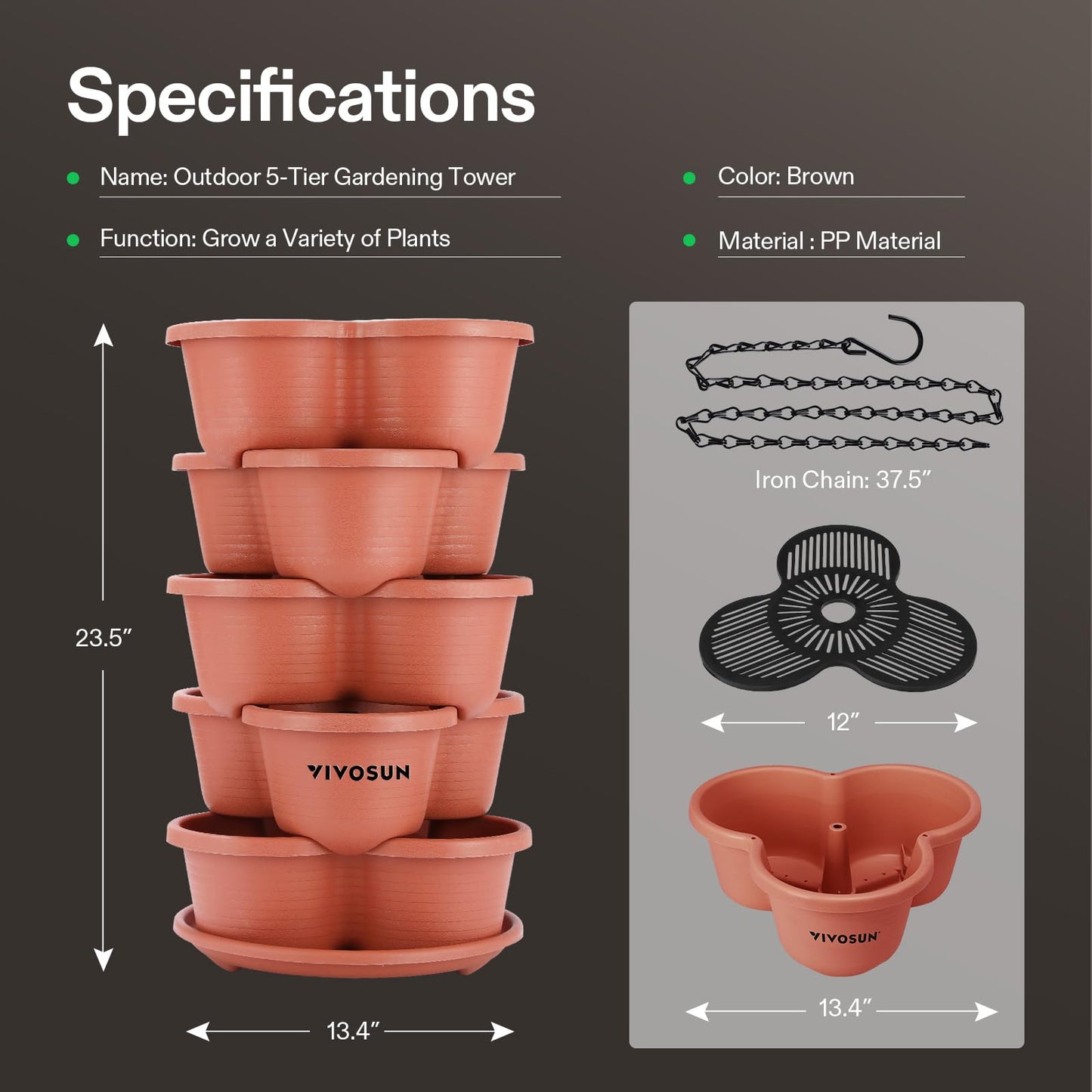 VIVOSUN 2-Pack 5 Tier Vertical Gardening Stackable Planter for Strawberries, Flowers, Herbs, Vegetables, Brown