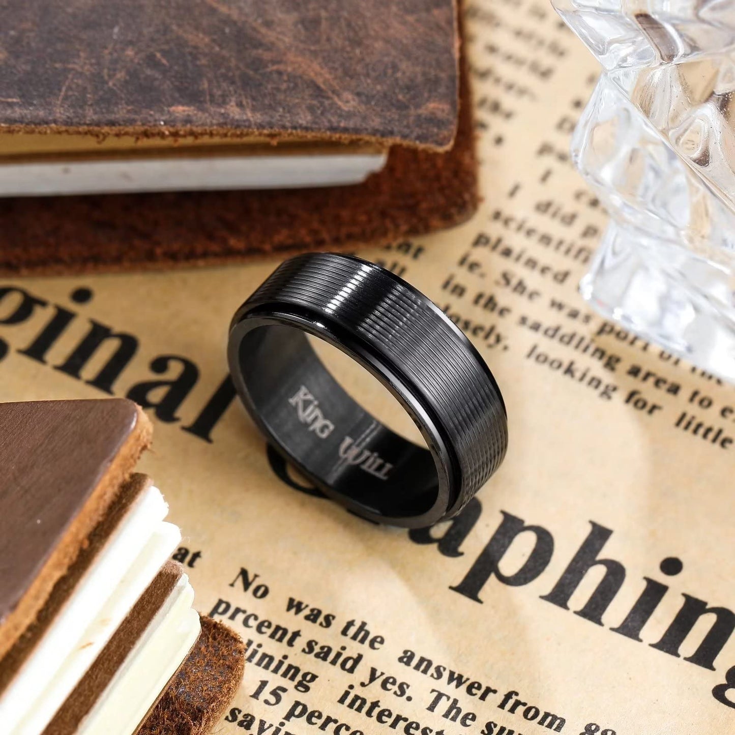King Will Black Line Groove Mens Women 8mm Spinner Rings Stainless Steel Anxiety Fidget Ring for Women Men Polish Groove Wedding Band Fidget Ring Matte Brushed Comfort Fit 14