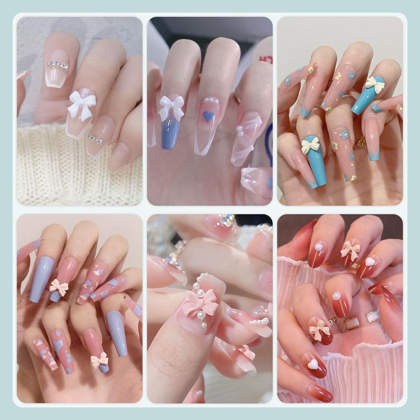 600 Pcs 3D Nail Charms and Flatback Pearls #1, 8 Colors Nail Bows + Pink&White Star Heart Moon Cute Bow Charms + 2-6mm White Pearls for Nail Art Design with Nail Charm Glue(UV Needed) and Pickup Tools
